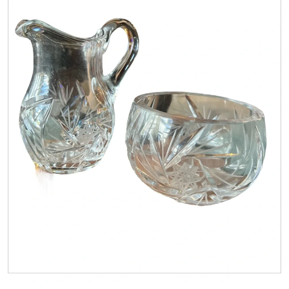 Vintage Crystal Glass Creamer Pitcher & Sugar Pot Pinwheel Star of David